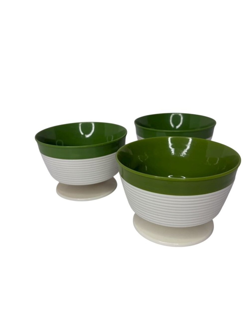 Vtg Raffiaware by Thermo Temp Insulated Pedestal Bowls Green Cream Ribbed Set 3